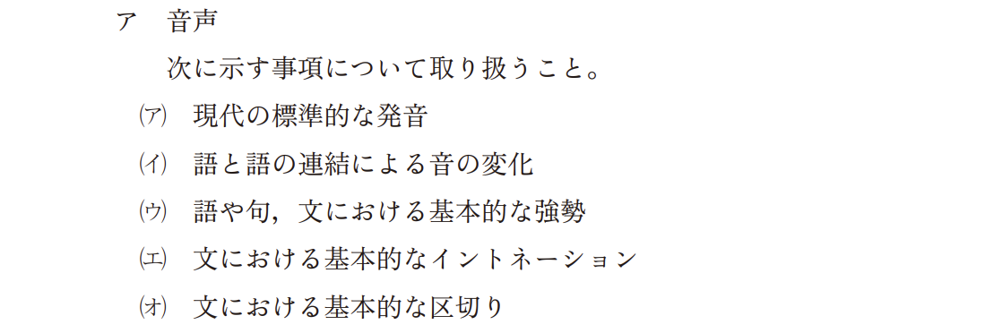 中学校学習指導要領の「ア 音声」5項目。2番目に「語と語の連結による音の変化」とある